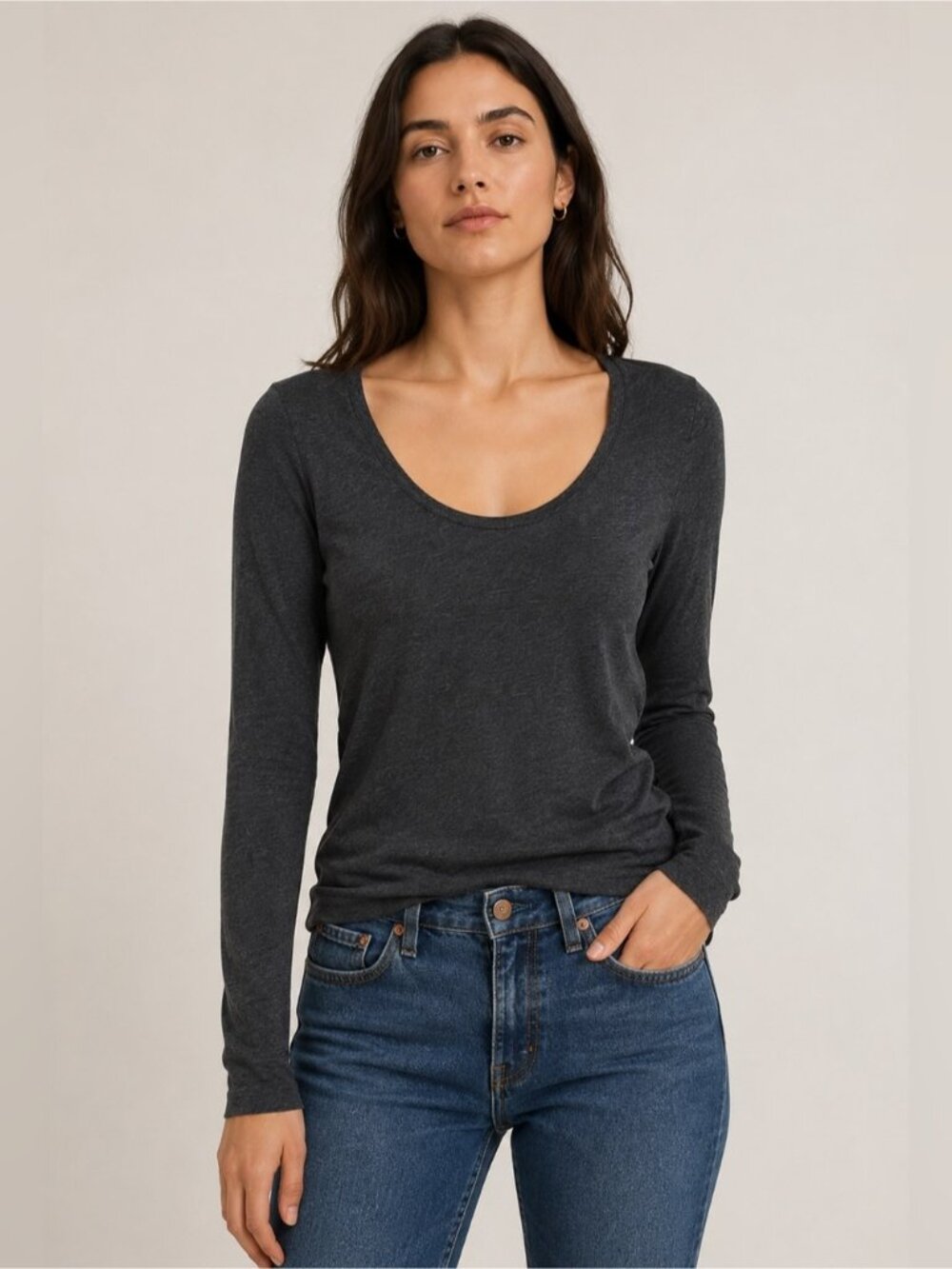 Holt Renfrew 70% Cotton 30% Cashmere Long Sleeve Scoop Neck Size 1 Small Gray